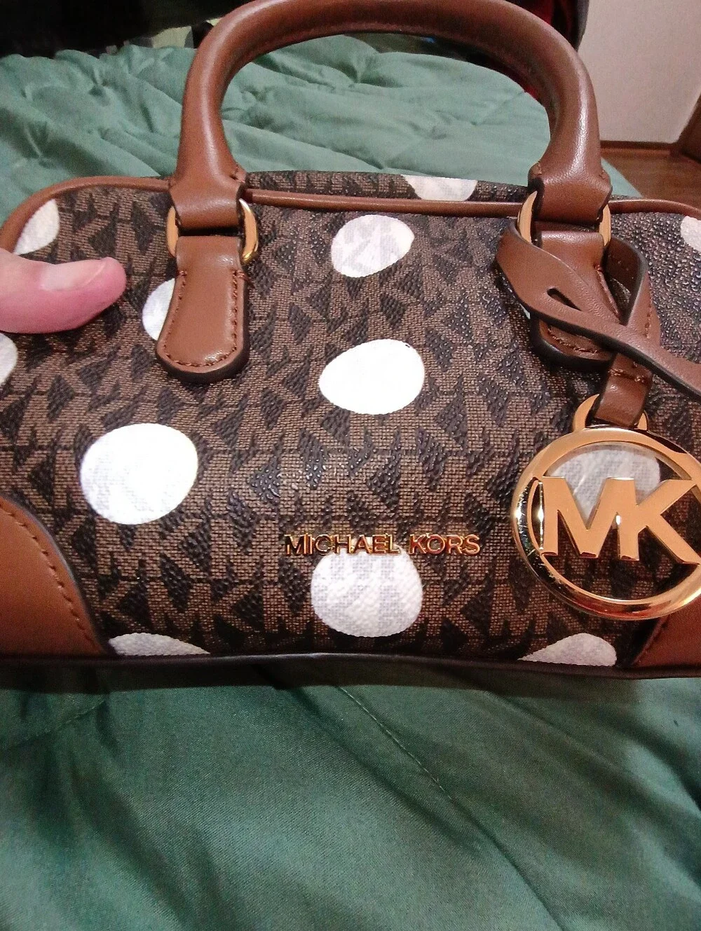 Michael Kors Brown Canvas Polka Dot Satchel with Tan Trim